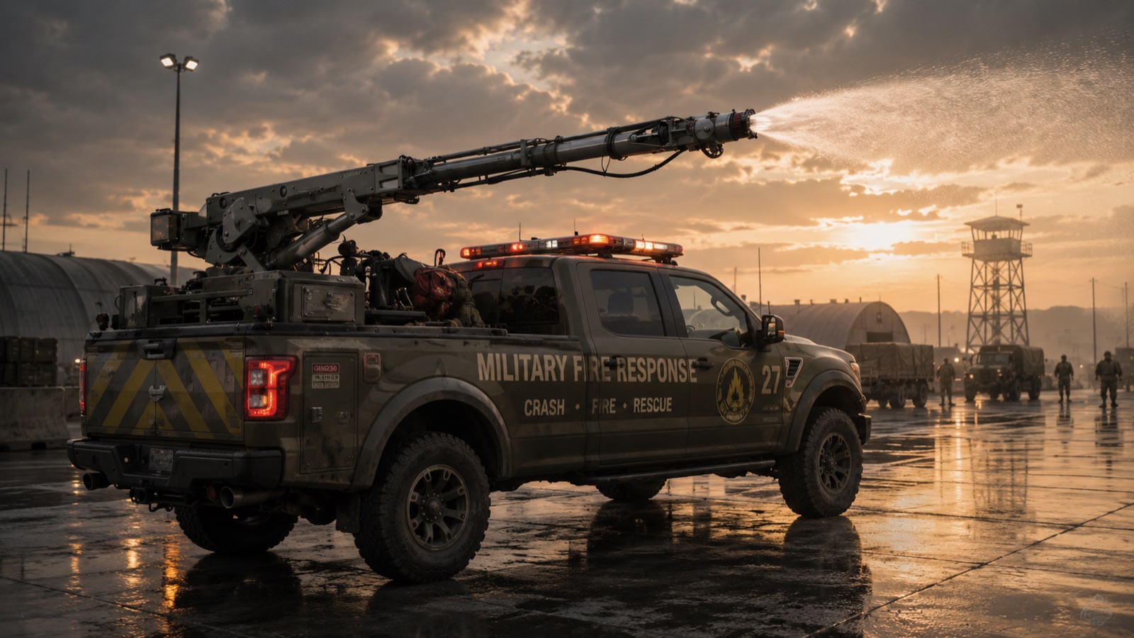 Military crash-fire-rescue vehicle dispersing MAM foam at dusk on a base flightline