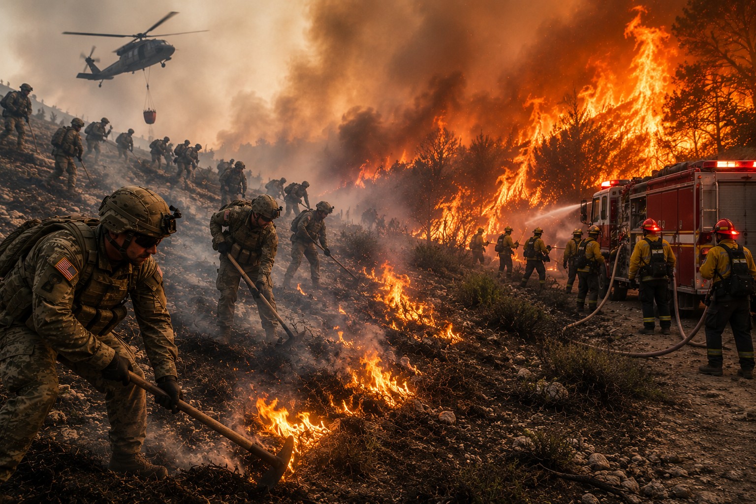 Military and firefighter units at a wildfire — protective clothing treated with FRS FOG-IA fire-protective impregnation