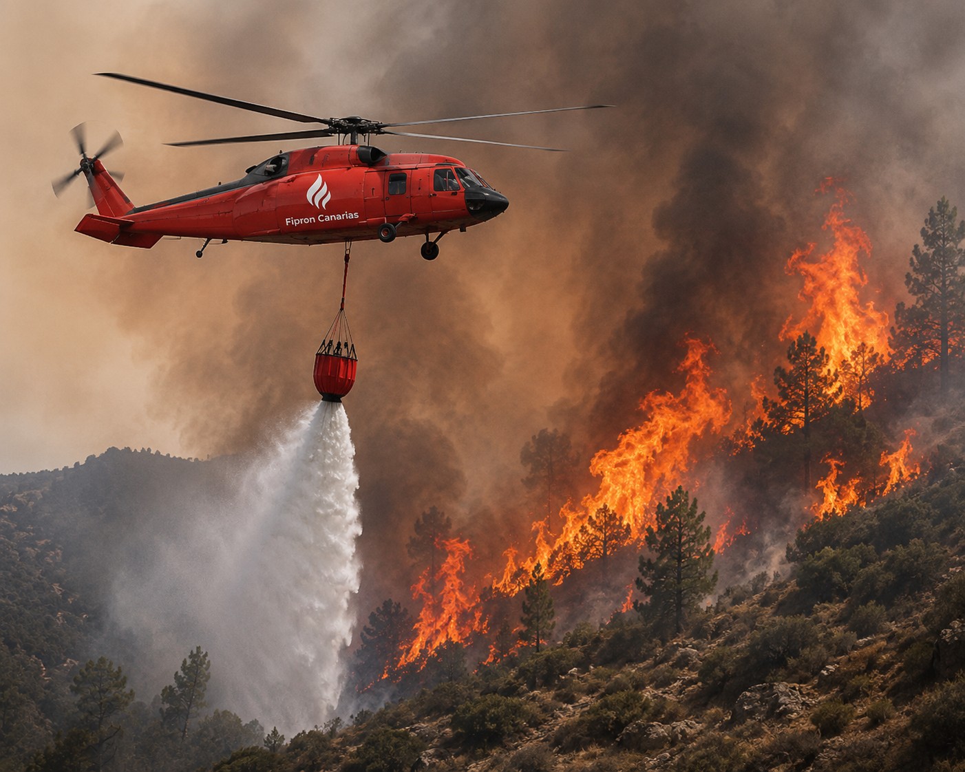 Fipron Canarias firefighting helicopter dropping FRS MAM Concentrate on a wildfire front